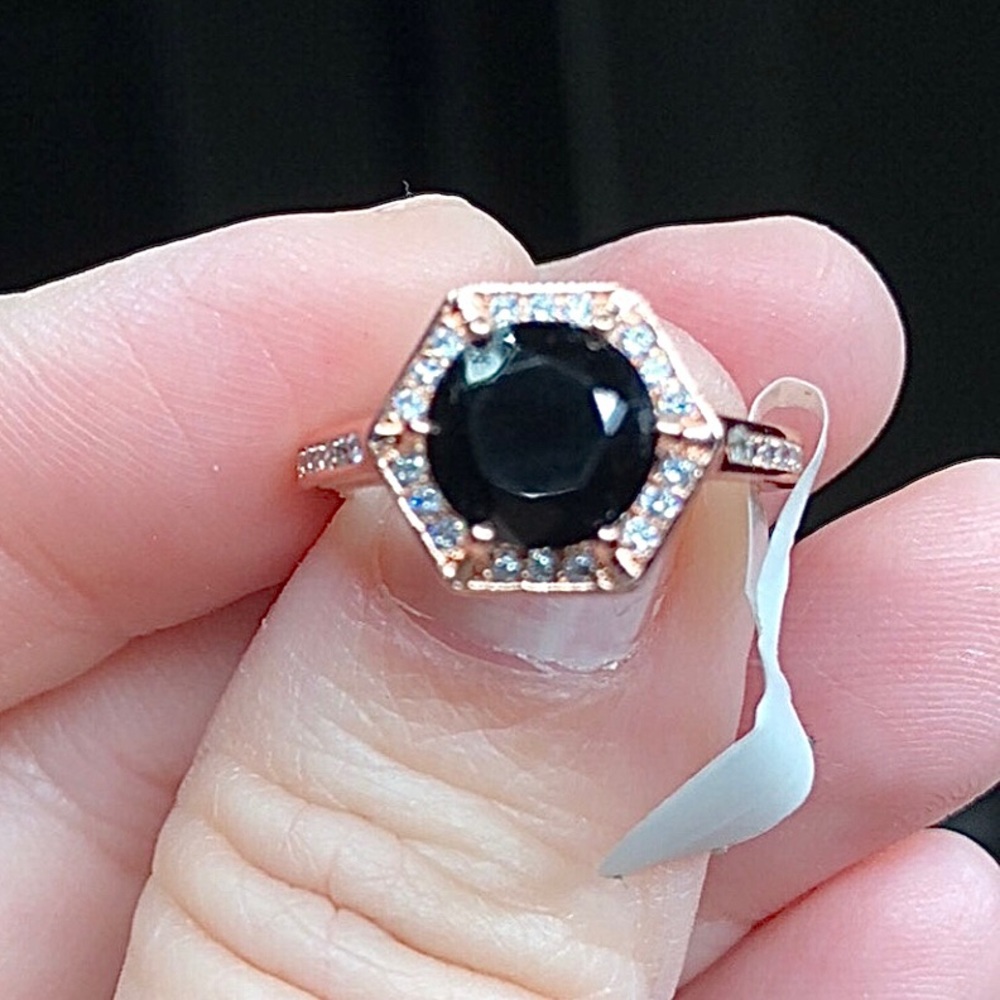 Halo Rose Gold and Black Stone Ring Sz 6